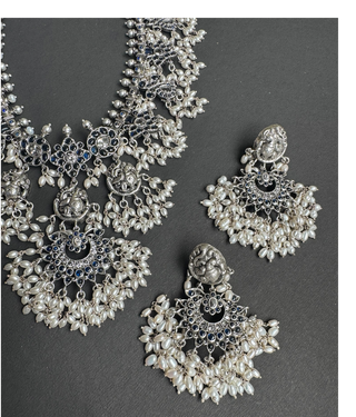 The Marala Silver Guttapusalu Necklace (Oxidised/Blue/Rice Pearl)