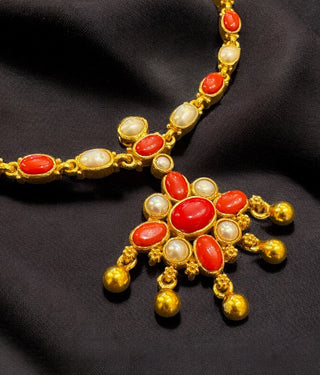 The Vedya Silver Pearl & Coral Necklace & Earrings