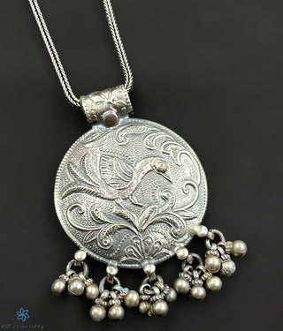 Front view of Zohra Silver Antique Pendant with silver chain and hanging beads