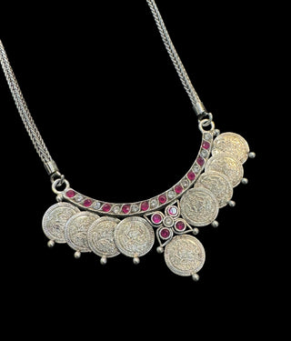 The Mudra Silver Lakshmi  Kasumala Necklace & Earrings (Oxidised)