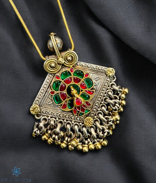 The Aariya Antique Silver Peacock Kundan Pendant (2 Tone)