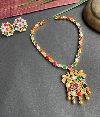 The Paritosh Silver Peacock Navaratna Necklace