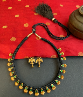 The Chaya Silver Black Thread Green Necklace & Earrings