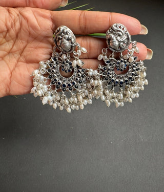 The Marala Silver Guttapusalu Necklace (Oxidised/Blue/Rice Pearl)