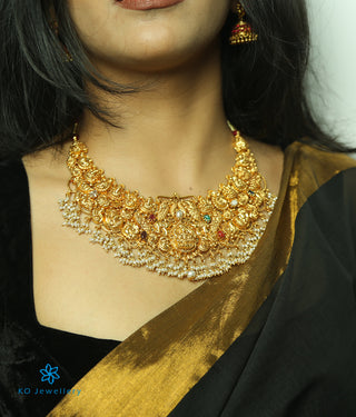 Front view of a model wearing Samanva Silver Lakshmi Necklace