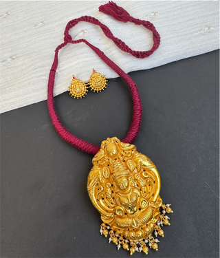 The Narayani Silver Lakshmi Thread Necklace (Maroon)