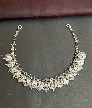 The Saanvi Silver Lakshmi Kasumala Necklace (Oxidised)