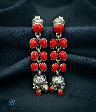 The Harvi Silver Jhumkas (Coral)