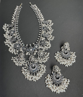 The Marala Silver Guttapusalu Necklace (Oxidised/Blue/Rice Pearl)