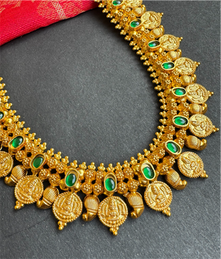 The Pratha Antique Silver Lakshmi Kasumala Coin Necklace/Waistbelt (Green)