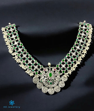 The Sayari Silver Lakshmi Coin Necklace (Green; Oxidised)