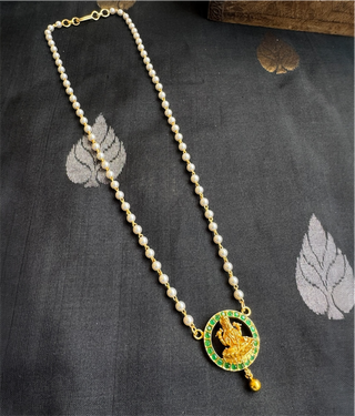 The Padmaja Silver Pearl Lakshmi Necklace (Green)