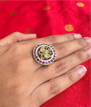 The Rujuta Silver Gandaberunda Adjustable Finger Ring (Red - 2 Tone)