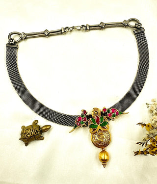 The Silver Antique Peacock Hasli Necklace