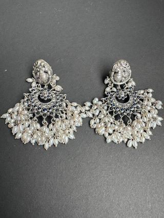 The Marala Silver Guttapusalu Necklace (Oxidised/Blue/Rice Pearl)