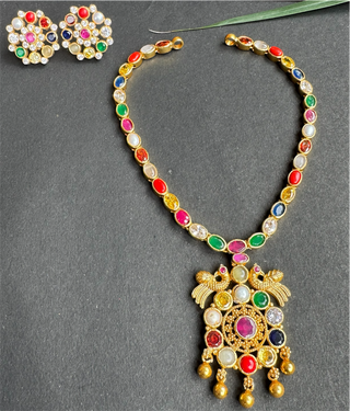 The Paritosh Silver Peacock Navaratna Necklace