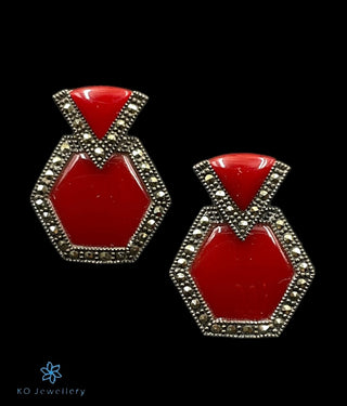 The Parinita Silver Marcasite Cocktail Earrings (Red)