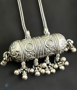 Vyasa Silver Amulet Pendant with chain, intricate detailing.