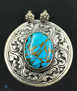 Shavya Silver Antique Pendant with blue stone.