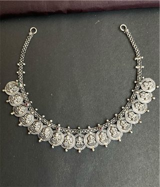 The Saanvi Silver Lakshmi Kasumala Necklace (Oxidised)