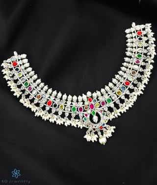 The Arohi Silver Navratna Guttapusalu Necklace (Oxidised)