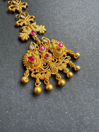 The Svarnika Silver Peacock Bridal Maang Tikka (Red)