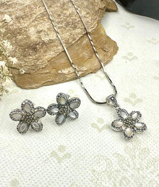 The Triya Silver Marcasite Pendant Set (Mother of Pearl)