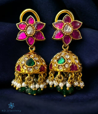 Aadyasha Silver Kundan Jhumkas with floral design and pearl drops for traditional elegance.