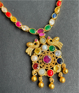 The Paritosh Silver Peacock Navaratna Necklace