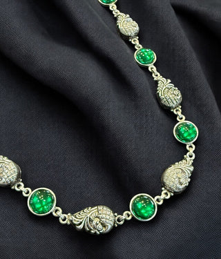The Varunya Nakshi Silver Peacock Necklace & Earrings (Green)