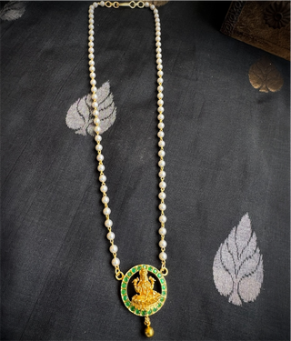 The Padmaja Silver Pearl Lakshmi Necklace (Green)