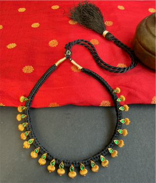 The Chaya Silver Black Thread Green Necklace & Earrings