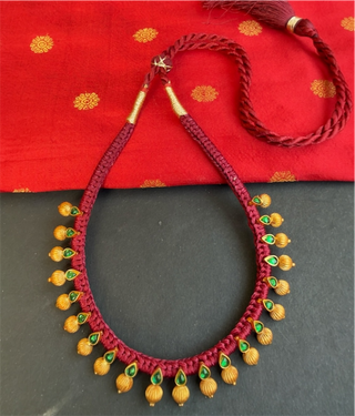 The Chaya Silver Red Thread Green Necklace & Earrings