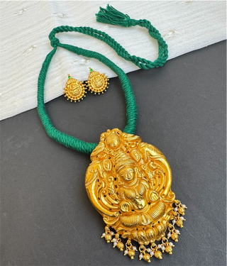 The Narayani Silver Lakshmi Thread Necklace (Green)