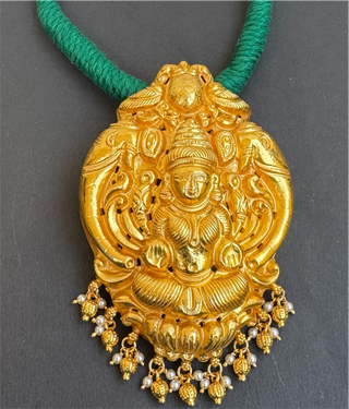 The Narayani Silver Lakshmi Thread Necklace (Green)