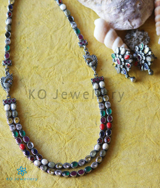 The Darshita Silver Navaratna Peacock Necklace(2 Layers/Oxidised)