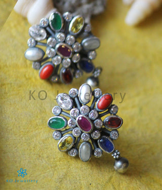 The Darshita Silver Navaratna Peacock Necklace(2 Layers/Oxidised)