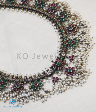 The Maya Silver Guttapusalu Necklace (Oxidised/Red&Green)