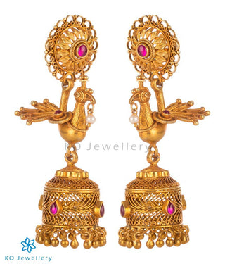 Peacock motif handcrafted gold plated silver jhumka