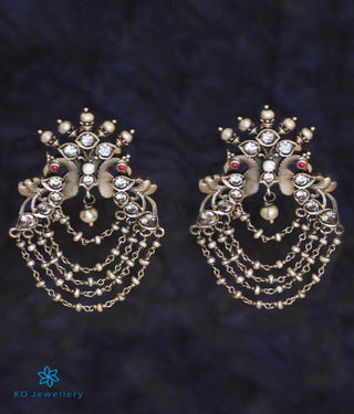 The Drishya Silver Peacock Earrings (Red/White;Oxidised)
