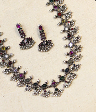 The Pranit Silver Navratna Necklace (Oxidised)