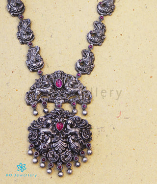 The Kairav Silver Peacock Nakkasi Necklace (Oxidised)