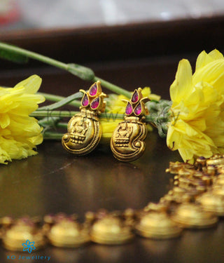 Gold-toned paisley earrings with pink stones and yellow flowers.