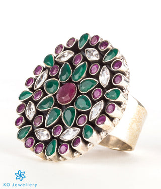 The Prisha Silver Gemstone Cocktail Finger-ring(Red/Green)