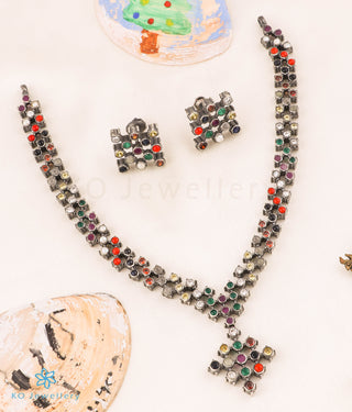 The Ruchika Silver Navratna Necklace (Oxidised)