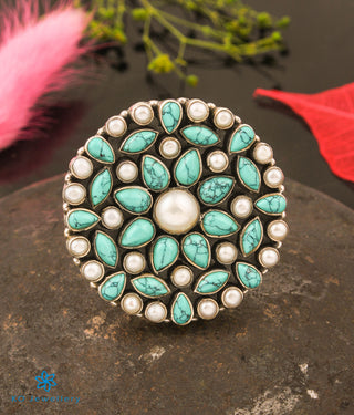 The Prisha Silver Gemstone Cocktail Finger-ring(Pearl/Turquoise)