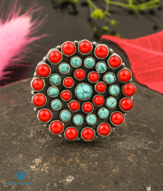 The Amrita Silver Gemstone Cocktail Finger-ring(Coral/Turquoise)