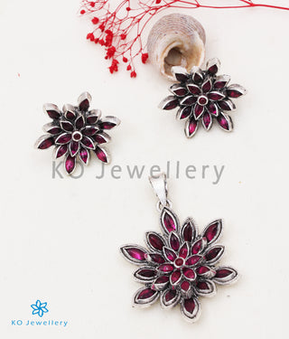 The Padma Silver Lotus Pendant (Red/Oxidised)