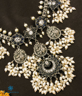 The Marala Silver Guttapusalu Necklace (Oxidised/Blue/Rice Pearl)