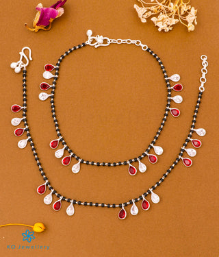 The Vajra Silver Black Beads Nazariya Anklets (White/Red)